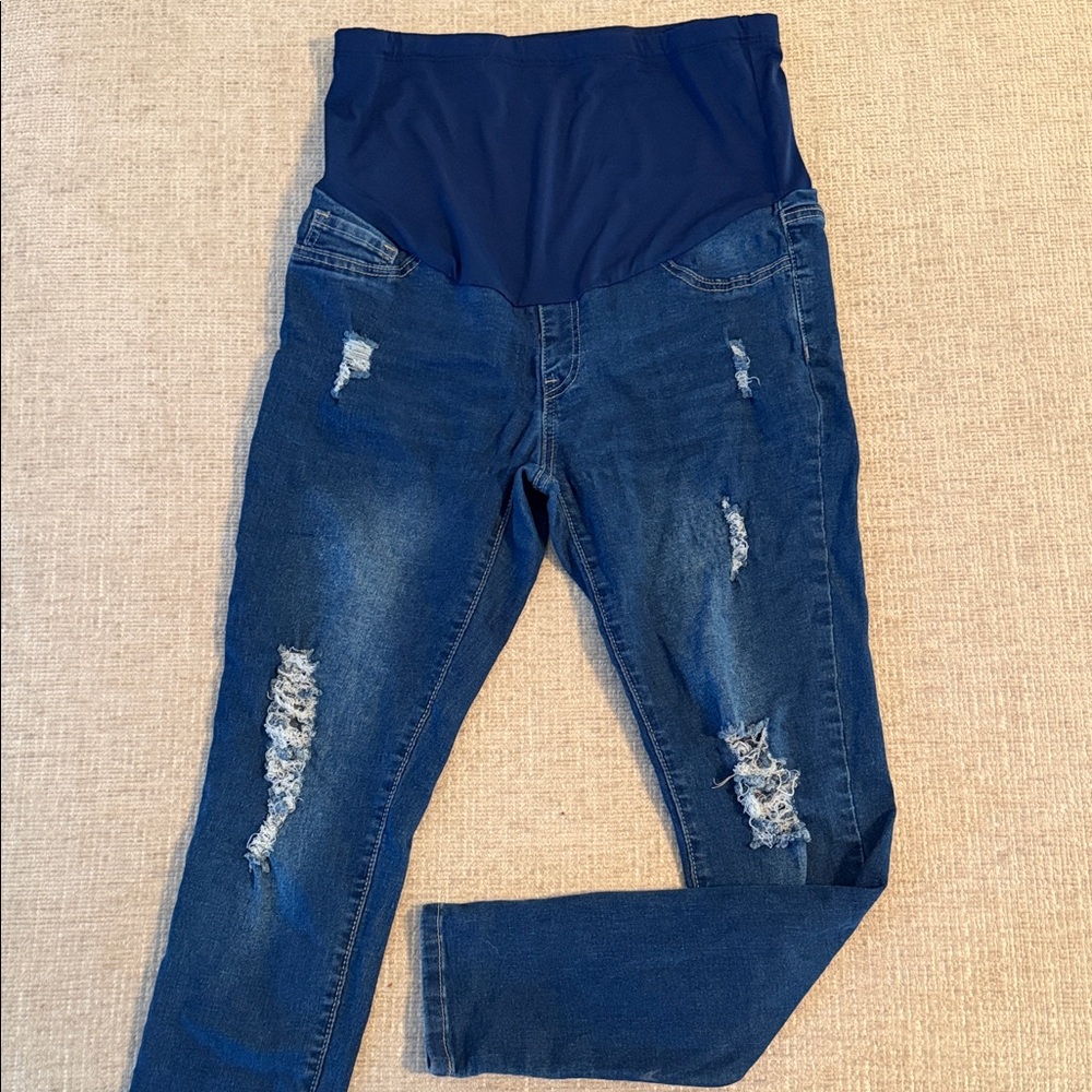 Blue High-Waisted Distressed Jeans